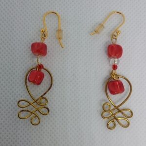 Handmade Wire Beaded Charm Earrings Casual Unique Artisan Wirewrap Red Gold